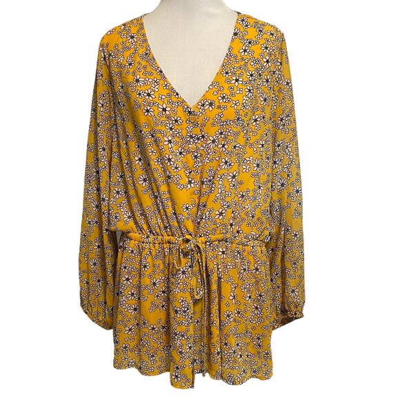 Lane Bryant Tie Waist Top Womens Size 14 Yellow Floral V-Neck Relaxed Blouse - Picture 1 of 8